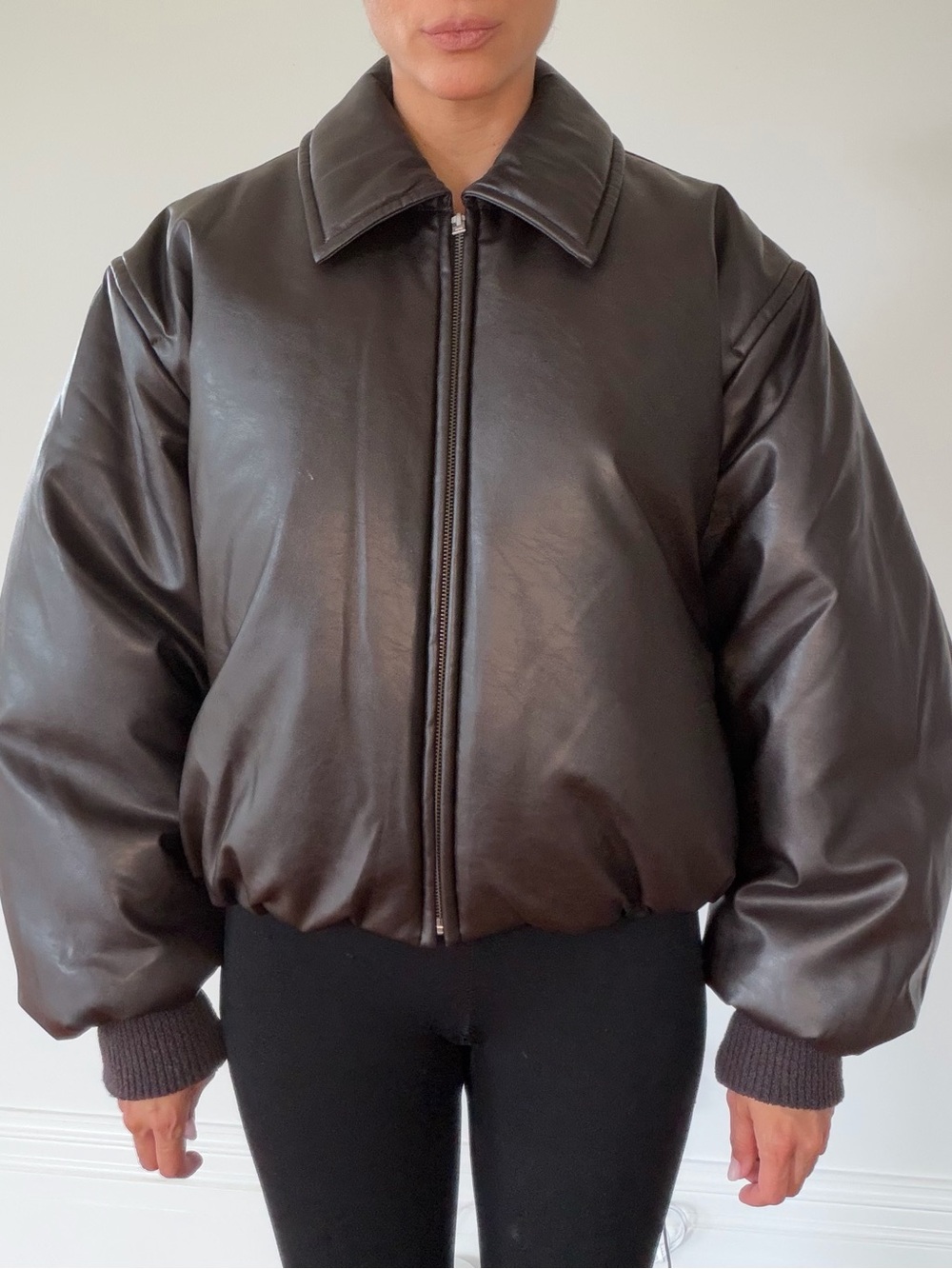 ACNE Studios Dark Brown Faux Leather Bomber Jacket - Picture 1 of 6